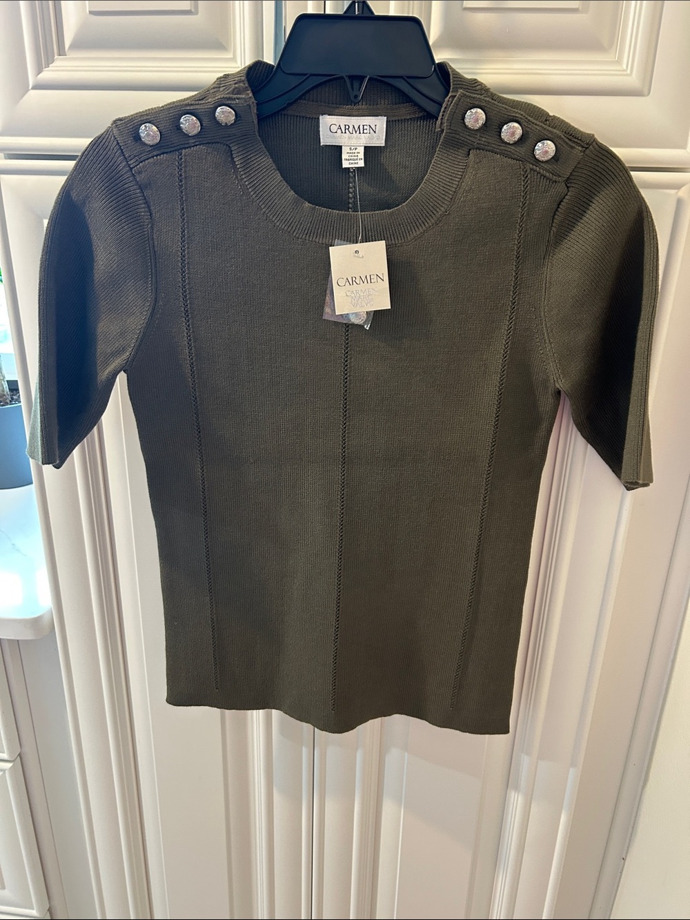 Carmen Olive Short-Sleeve Knit Top with Shoulder Buttons